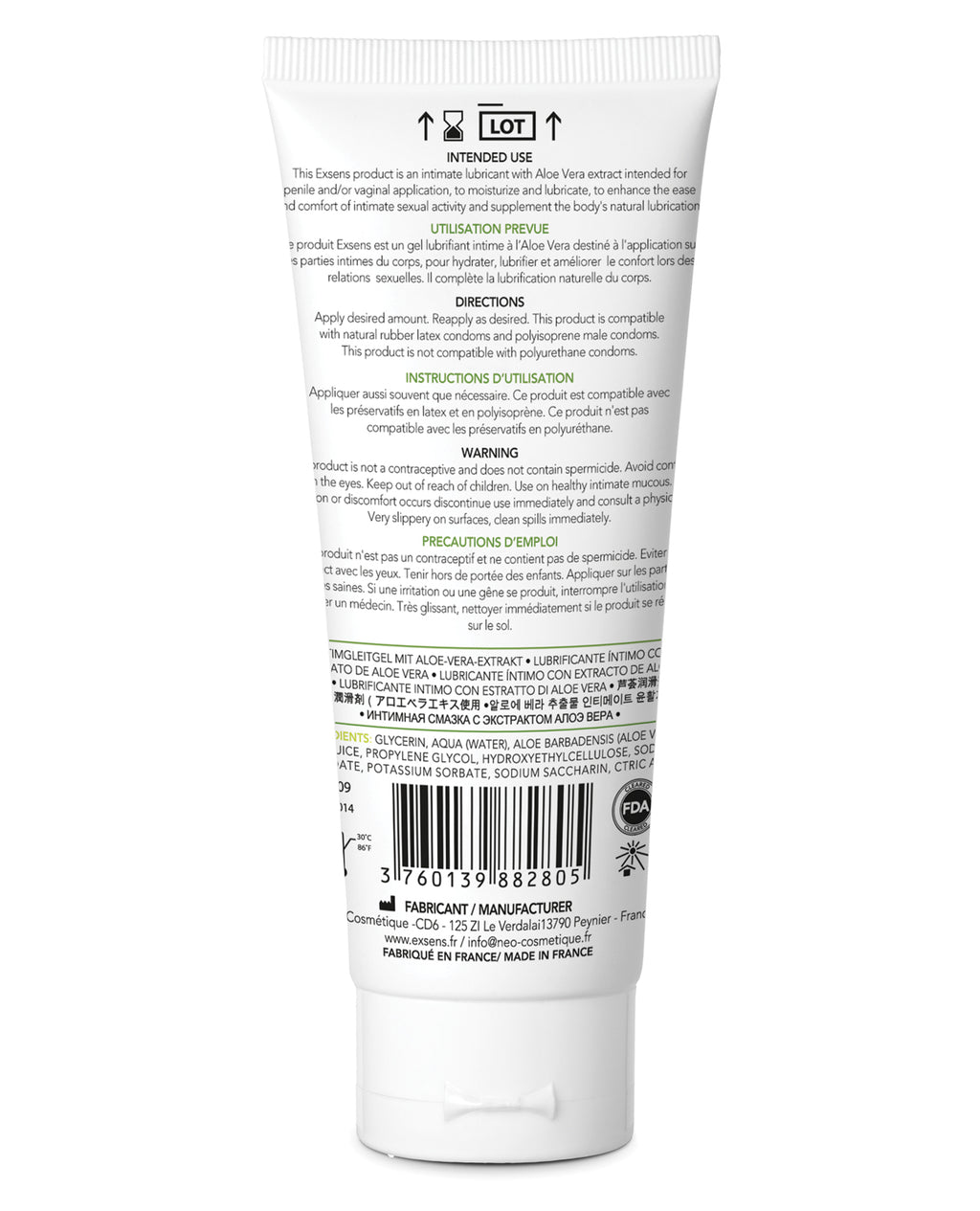 EXSENS of Paris Personal Water Based Lubricant w/Aloe Vera Extract