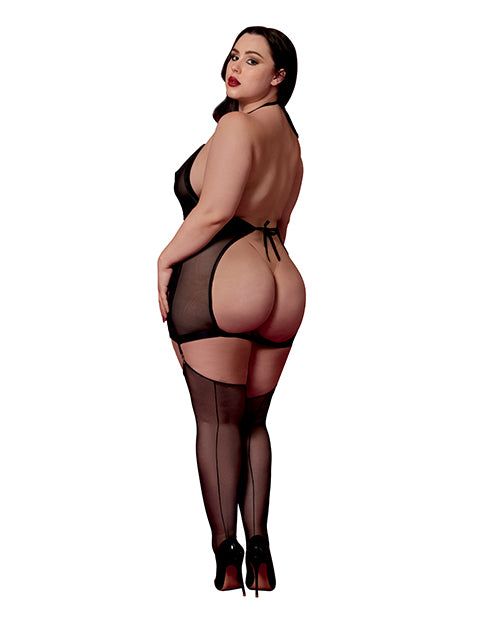 Red Diamond Stretch Mesh and Faux Leather Gartered Chemise w/Removable Flogger - Black QN