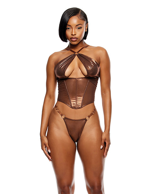 Forplay Liquid Metal Metallic Mesh Bustier w/G-String 2 pc Set - Metallic Copper SM - Image 5