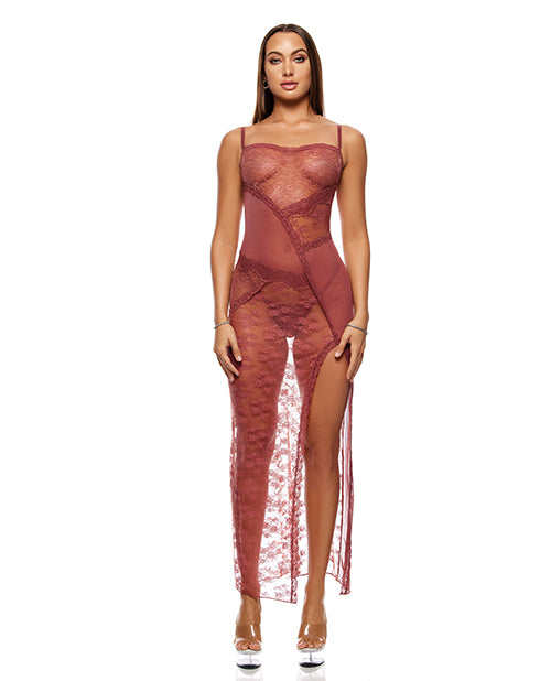 Forplay Patch of Petals Sheer Mesh and Lace Gown w/Thong 2 pc Set - Mauve LG - Image 5