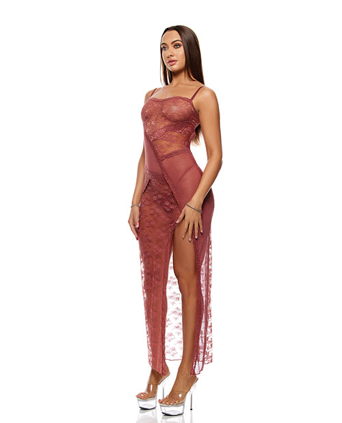 Forplay Patch of Petals Sheer Mesh and Lace Gown w/Thong 2 pc Set - Mauve MD - Image 6