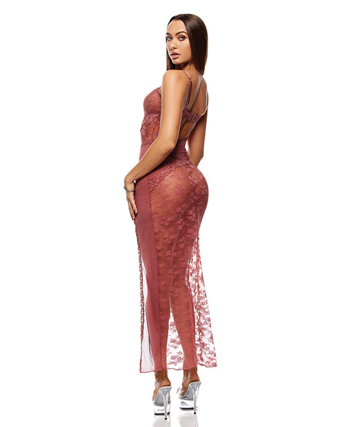 Forplay Patch of Petals Sheer Mesh and Lace Gown w/Thong 2 pc Set - Mauve SM - Image 7