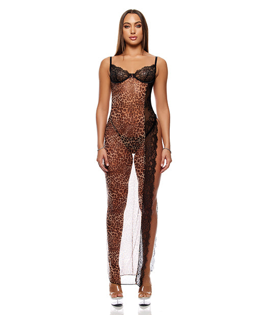 Animal Instincts Sheer Mesh and Lace Gown w/Thong 2 pc Set - Animal XL