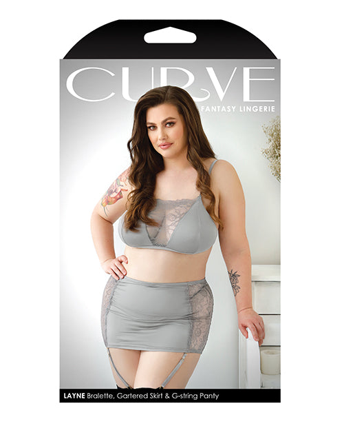 Curve Layne Lace & Microfiber Bralette w/Garter Skirt & G-String Gray1X/2X