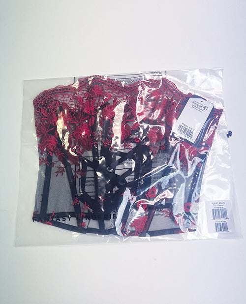 Floral Embroidered Mesh Corset w/G-String - Red/Black 1X/2X