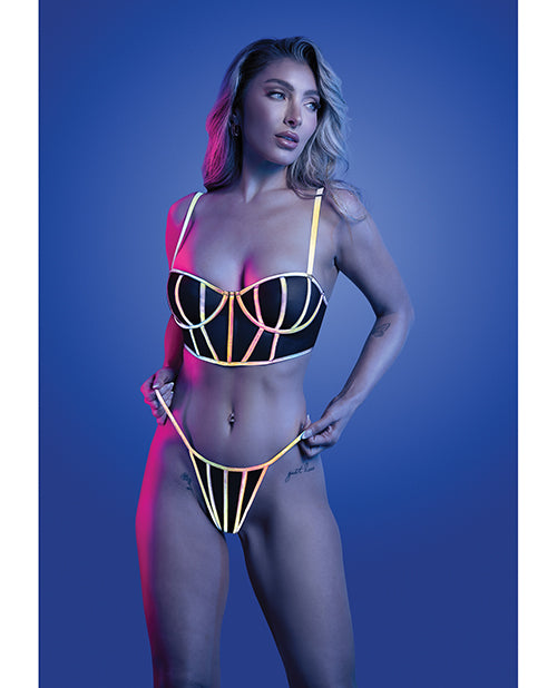 Glow by Fantasy Lingerie Solar Flare Flash Reflective Binding Underwire Bra & Thong - Black L/XL