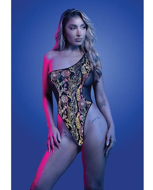Glow by Fantasy Lingerie Luminescent Flash Reflective Floral Print Teddy - Black S/M