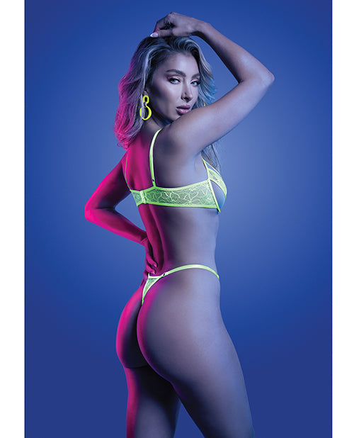 Mind Control UV Reactive Lace and Mesh Underwire Bra & Thong - Neon Green M/L