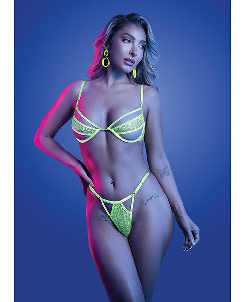 Glow by Fantasy Lingerie Mind Control UV Reactive Lace and Mesh Underwire Bra & Thong - Neon Green S/M