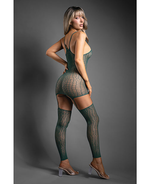 Sheer by Fantasy Sheer Wild Heart Reptile Print Bodystocking Dress w/Attached Stockings - Green O/S