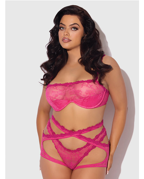 House of Desire Yvone Lace Bra w/Removable Straps, Garter & Tanga Panty 3 pc Set - Pink 3X/4X