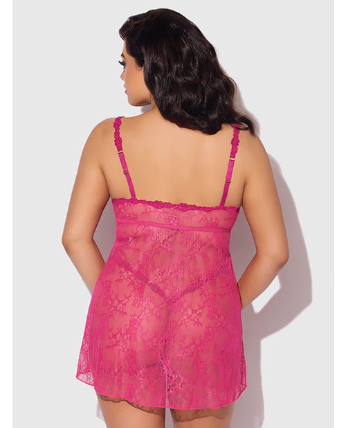 Yvone Lace Babydoll w/Front Closure & G-String 2 pc Set - Pink 1X/2X
