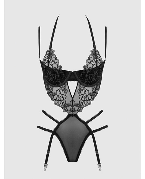 Eden Embroidered Lace & Mesh Teddy w/Garters - Black 1X/2X