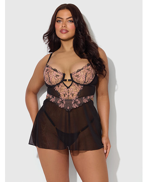 Nova Lace & Mesh Babydoll w/G-String 2 pc Set - Black 3X/4X