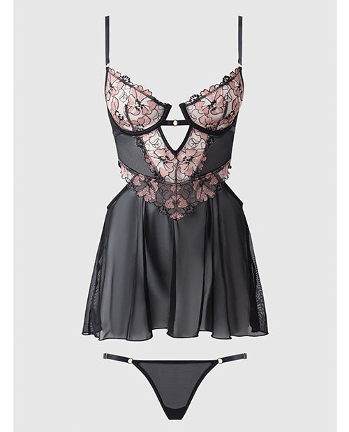 Nova Lace & Mesh Babydoll w/G-String 2 pc Set - Black SM