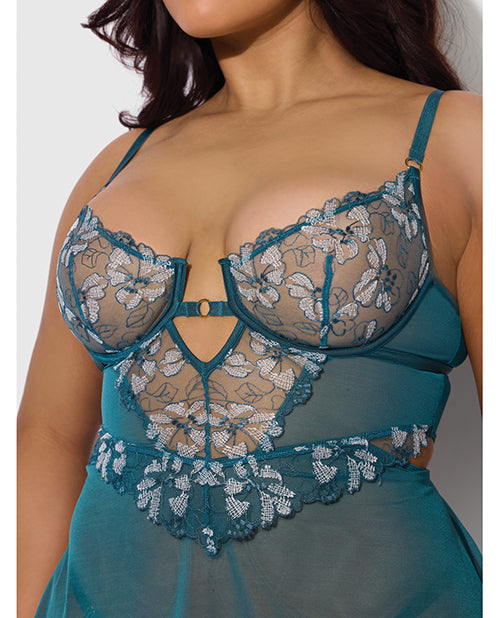 Nova Lace & Mesh Babydoll w/G-String 2 pc Set - Jade Blue 1X/2X