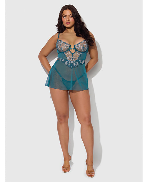 Nova Lace & Mesh Babydoll w/G-String 2 pc Set - Jade Blue 1X/2X