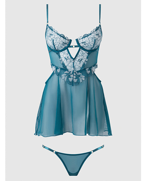 Nova Lace & Mesh Babydoll w/G-String 2 pc Set - Jade Blue 1X/2X