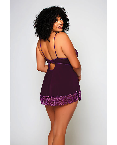 iCollection Lingerie Cross Dye Lace & Microfiber Babydoll & G-String Purple 3X