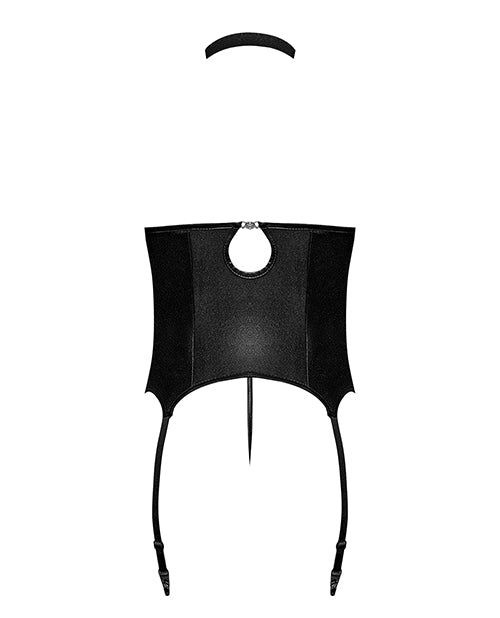 Lust Mistress Cupless Corset w/Velcro Choker Collar, Metal Garters & G-String Black S/M