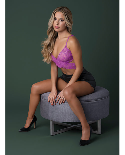 Butterfly Fantasies Cross Over Bralette w/Thong and Garter 3 pc Set - Neon Purple L/XL