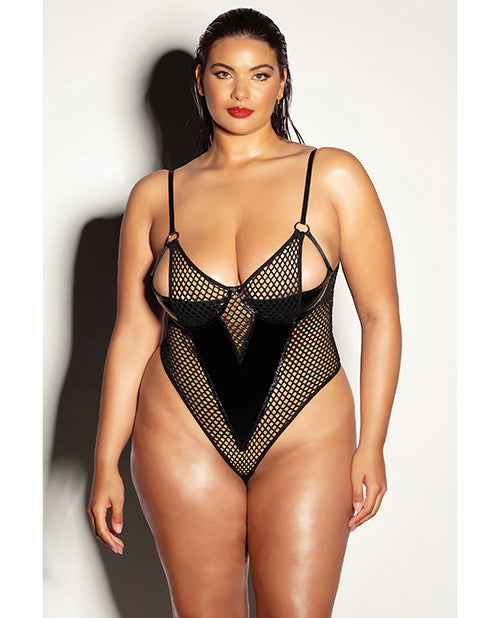 FETISH Frisky Fishnet & Vinyl Shelf Cup Peek A Boo Teddy Black 1X