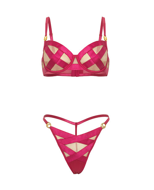 Raelynn Satin Strappy Underwire Bra w/G-String 2 pc Set - Pink Yarrow XL