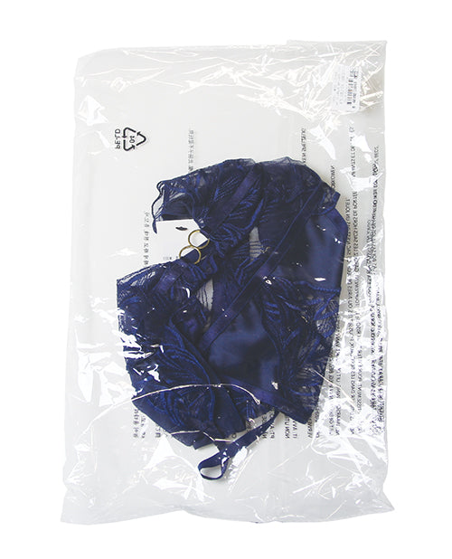 Davina V-Plunge Embroidered Teddy w/Double Ring Charm - Navy LG