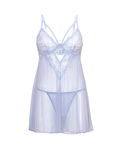 Elsie Lace & Mesh Underwire Babydoll w/G-String 2 pc Set - Brunnera Blue 1X/2X