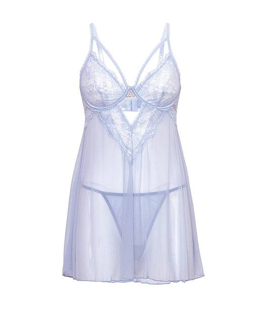 Elsie Lace & Mesh Underwire Babydoll w/G-String 2 pc Set - Brunnera Blue L/XL