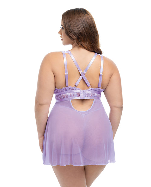 Stassi Lace & Mesh Babydoll w/G-String 2 pc Set - Lavender 1X/2X