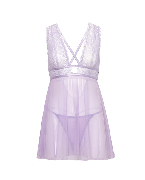 Stassi Lace & Mesh Babydoll w/G-String 2 pc Set - Lavender 1X/2X