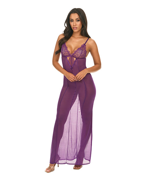 Oh La La Cheri Katana Mesh & Eyelash Lace Gown - Purple L/XL - Image 2