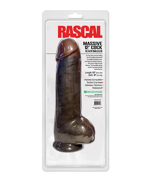 Rascal Black Balled 12" Cock w/Balls - Black