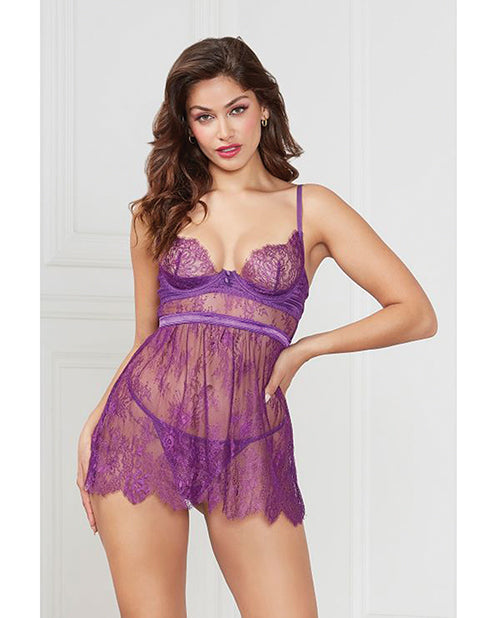 Floral Eyelash Lace Underwire Babydoll w/Thong 2 pc Set - Purple MD