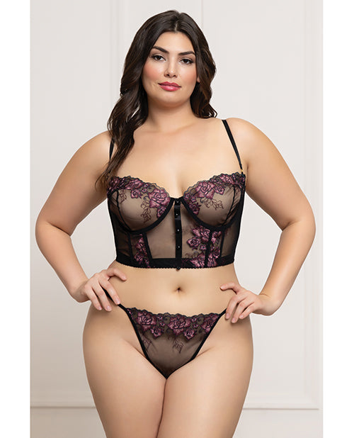 Floral Lace and Mesh Underwire Bustier w/Thong 2 pc Set - Black/Purple 1X/2X