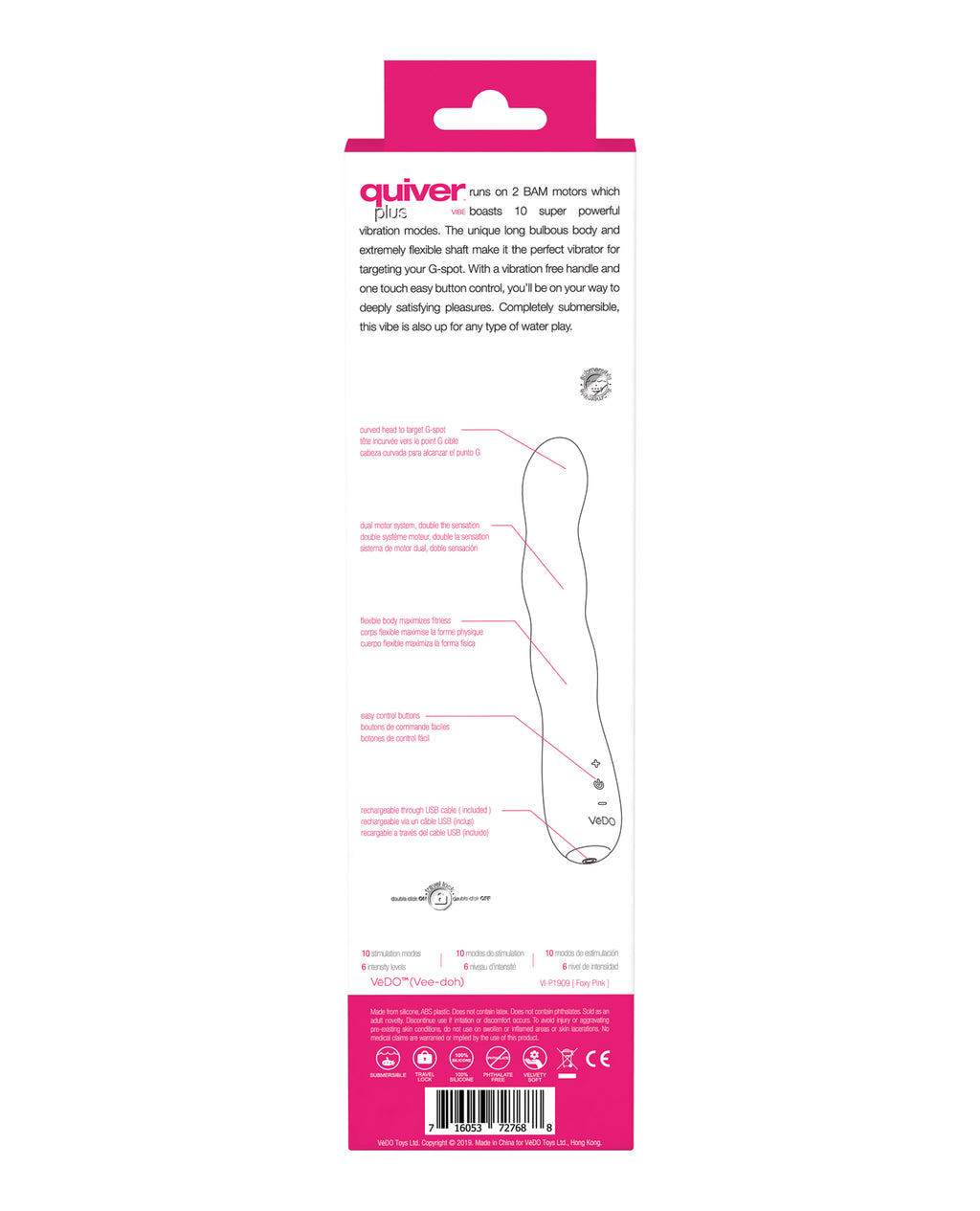VeDO Quiver Plus Rechargeable Vibe - Foxy Pink