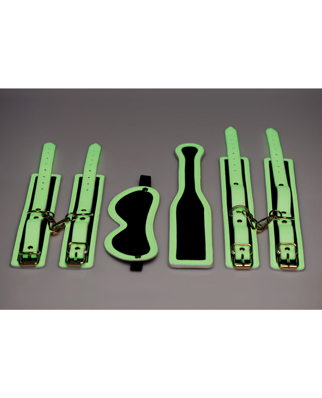 Master Series Kink in the Dark Glowing Cuffs & Blindfold & Paddle Set