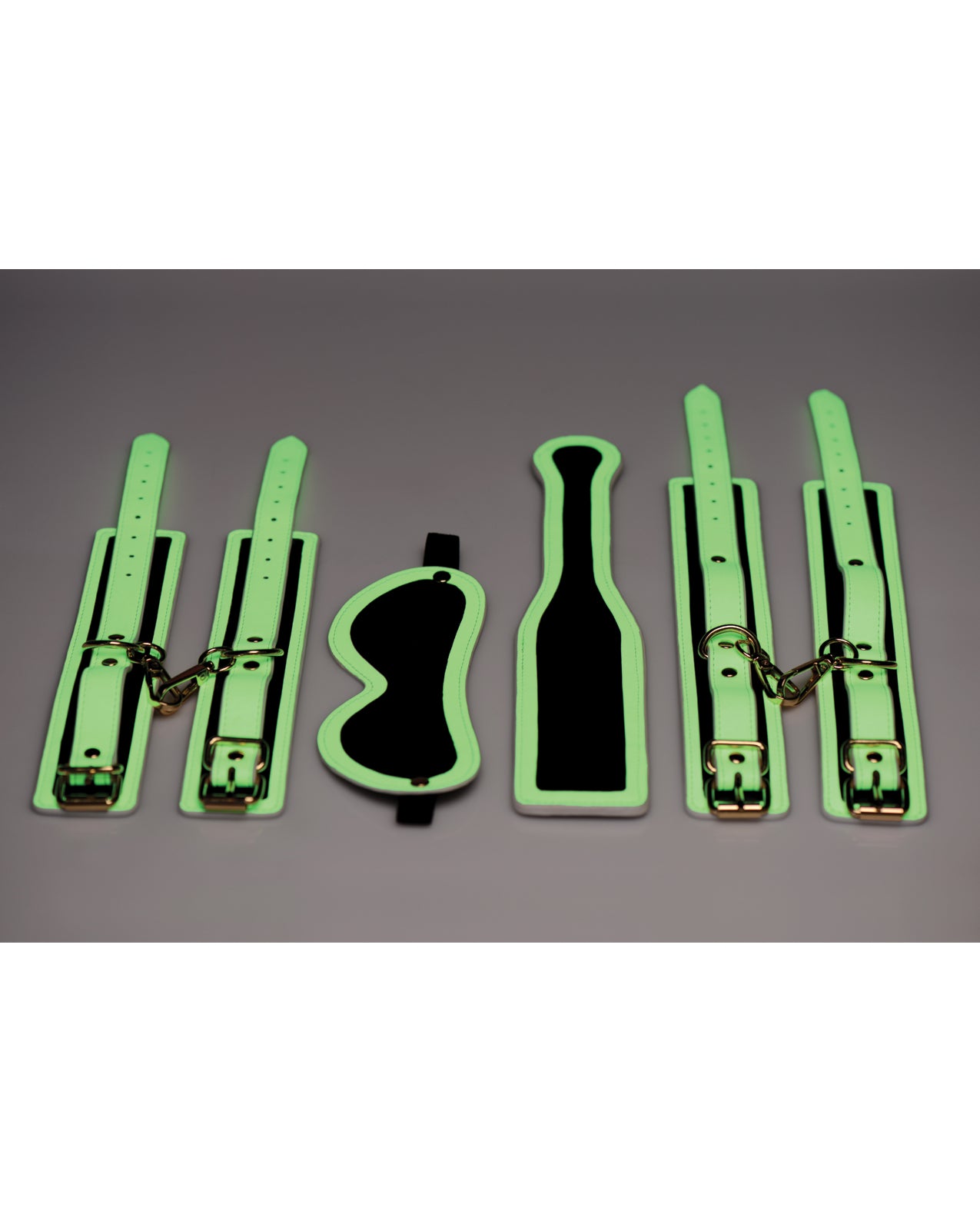 Master Series Kink in the Dark Glowing Cuffs & Blindfold & Paddle Set