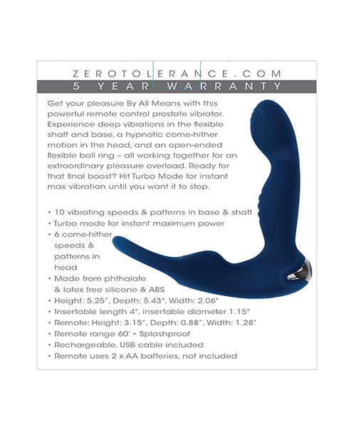 Zero Tolerance By All Means Prostate Vibrator w/Remote Control - Blue